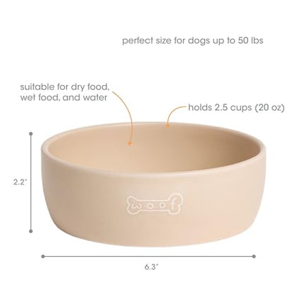 Pearhead Ceramic Dog Bowl – Neutral Taupe “Woof” Design, Holds 2.5 Cups, Non-Skid Stoneware Pet Feeding Dish, 20 oz, Medium - color: Taupe Woof Bowl, size: Medium