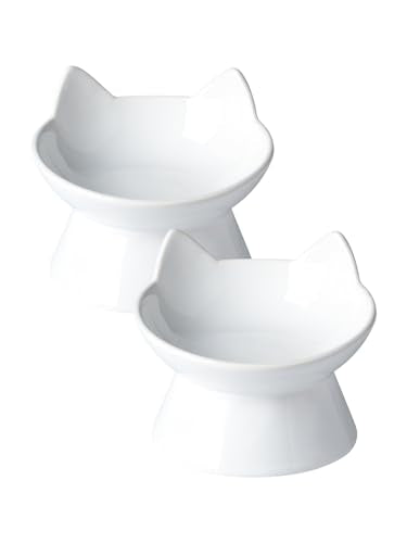 ABRUTY Cat Food Bowl, 5 OZ Ceramic Elevated Kitten Water Bowl, 15° Tilted Raised Pet Feeder, Anti Vomiting and Whisker Friendly Dishes for Fat Faced, Cat, Kitten, Small Dog - color: White Cat, size: 2 Pack
