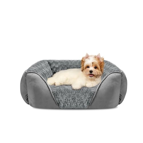 INVENHO Small Dog Bed Rectangle Washable Orthopedic Soft Calming Sleeping Durable Pet Cuddler with Anti-Slip Bottom - color: Light Grey, size: S(20"x 19"x 6")