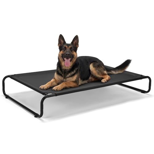 Veehoo Cooling Elevated Dog Bed, Outdoor Dog Bed for Large Dogs, Raised Dog Cot with Thickened Frame, Durable Teslin Mesh & Anti-Slip Rubber Feet, Pet Hammock for Indoor or Camping, 53" x 33", Black - color: Black, size: 53.0" x 33.0" x 7.9"