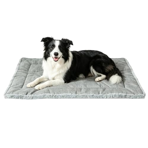 Reversible Dog Crate Mat 35"x22" for Large Dogs - Double-Sided Cooling Water-Resistant Oxford & Warm Plush Bed, Fits 36-Inch Wire Crates, Soft Stuffed, Machine Washable, Indoor & Outdoor, Light Gray - color: Light Gray, size: 35"L x 22"W x 1.2"Th