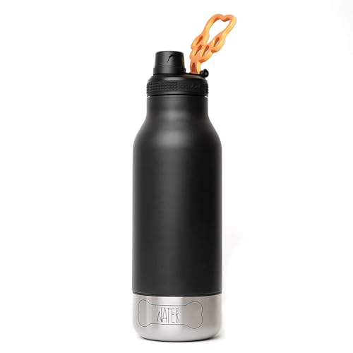 asobu Dog Barky Bottle - 음식, 간식 및 물을 위한 탈착식 강아지 그릇 2개가 있는 단열 스테인리스 스틸 물병 - 하이킹, 도로 여행 및 야외 모험을 위한 반려동물 친화적인 여행용 병 - color: 블랙.