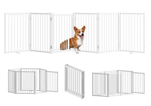 SNUOWU Full Metal Freestanding Dog Gate with Door, 24'' Height Foldable Pet Dog Fence for Indoor & Outdoor, 6 Panels Extra Wide Free Standing SmallDog Gates for Doorways,House,Stairs,Porch,Deck,Yard - color: White, size: 【6 Panels】120"W*24H"