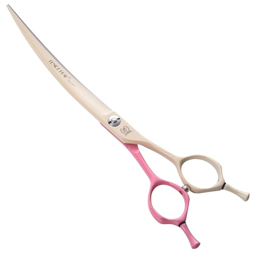 Curved Dog Grooming Scissors with Coating 440C Stainless Steel, 7 inch Professional Curved Shears Dog Grooming，25 Degree of Curved Blade，Pet Shears for Trimming Face and Paws, Pink & White - color: Pink&white