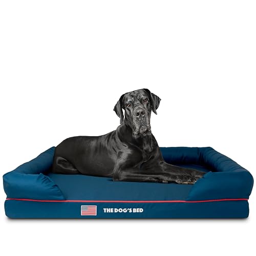 The Dog’s Bed Orthopedic Memory Foam Dog Bed with Bolsters for XXL Dogs, High Density Support Mattress, Low Front Entry, Removable Washable Cover, Oxford Fabric, Blue with Dark Red Trim, XXL - color: Blue with Red Trim USA Flag, size: XXL Beds
