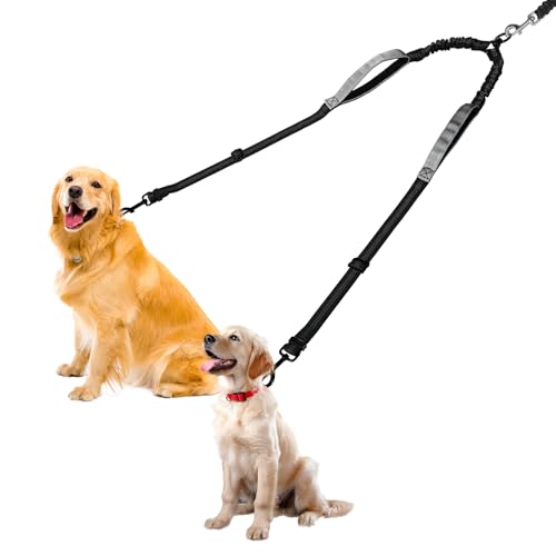 Double Dog Leash-360° Swivel, No Tangle Dog Leash Coupler, No Pull Adjustable Dual Lead with Shock-Absorbing Bungee, Padded Handles, Reflective Walking & Training Lead Splitter for 2 Dogs - color: Black Gray