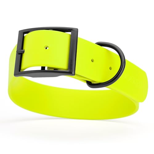 Dogline Biothane Waterproof Dog Collar Strong Coated Nylon Webbing with Black Hardware Odor- Proof for Easy Care Easy to Clean High Performance Fits Small Medium or Large Dogs, Safety Yellow