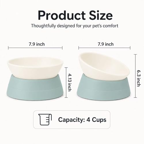 Tilted Angle Dog Bowls - Slanted Resin Dog Cat Food Bowl, Non-Slip Pet Feeder with Detachable Silicone Stand (Green, L - 4 Cup) - color: Green, size: L - 4 Cup
