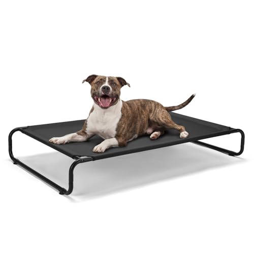 Veehoo Cooling Elevated Dog Bed, Outdoor Dog Bed for Large Dogs, Raised Dog Cot with Thickened Frame, Durable Teslin Mesh & Anti-Slip Rubber Feet, Pet Hammock for Indoor or Camping, 45" x 30", Black - color: Black, size: 45.0" x 30.0" x 7.9"