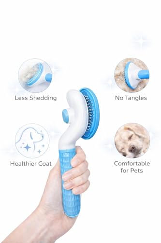 Self Cleaning Slicker Brush for Dogs & Cats – Deshedding Grooming Tool with One Click Hair Removal – Gentle for Sensitive Skin - color: Blue