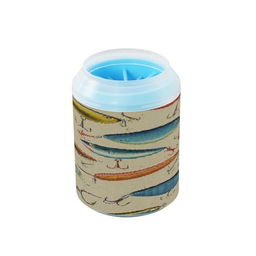 Qilmy Vintage Fish Pattern Dog Paw Cleaner Cup with Silicone Bristle, Portable Pet Foot Washer Brush for Small Medium Large Dogs and Cats Muddy Paw Cleaning