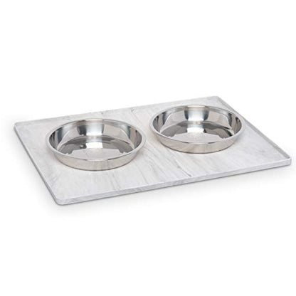 Messy Mutts & Cats Silicone Non-Slip Pet Bowl Mat with Raised Edge | 16” x 12” Dog/Cat Bowl Mat with Spill-Proof Lip | Marble - color: Marble