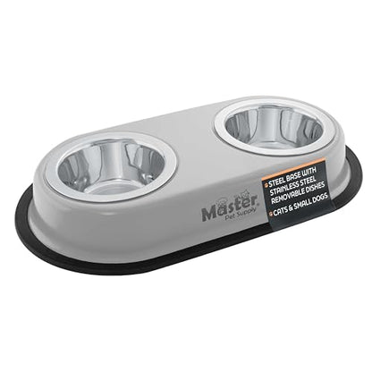 Master Pet Supply Double Dog Bowls Set with Elevated Base and 2 (8 oz) Stainless Steel Removable Dishes (Light Gray) – Double Cat Food Water Bowl, Dog Puppy Food Bowl Set, Rust Resistant - color: Light Gray