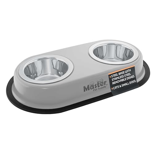 Master Pet Supply Double Dog Bowls Set with Elevated Base and 2 (8 oz) Stainless Steel Removable Dishes (Light Gray) – Double Cat Food Water Bowl, Dog Puppy Food Bowl Set, Rust Resistant - color: Light Gray