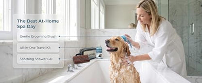 [Zmonap] Dog Cat Bath Brush Kit with Soap Dispenser, 250ML Gentle Pet Shower Gel, Super Absorbent Quick Dry Towel & Waterproof Storage Bag, All-in-One Pet Grooming Bathing Supplies for Indoor Outdoor