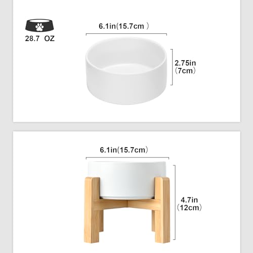 SPUNKYJUNKY Ceramic Elevated Dog Bowls 2 Pack - 6.1inch Raised Dog Bowls with Non-Slip Wooden Stand for Medium Dogs Dishwasher Safe(White,28.7OZ*2) - color: White, size: Medium - 3.6 CUPS*2