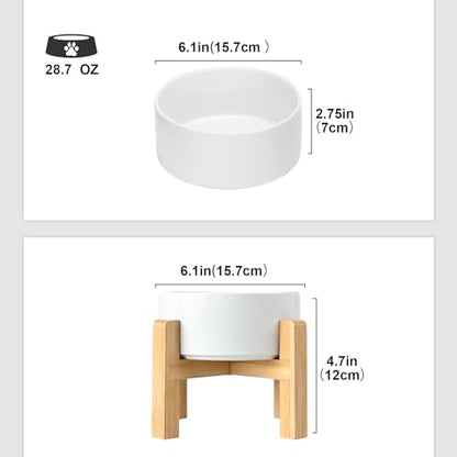 SPUNKYJUNKY Ceramic Elevated Dog Bowls 2 Pack - 6.1inch Raised Dog Bowls with Non-Slip Wooden Stand for Medium Dogs Dishwasher Safe(White,28.7OZ*2) - color: White, size: Medium - 3.6 CUPS*2
