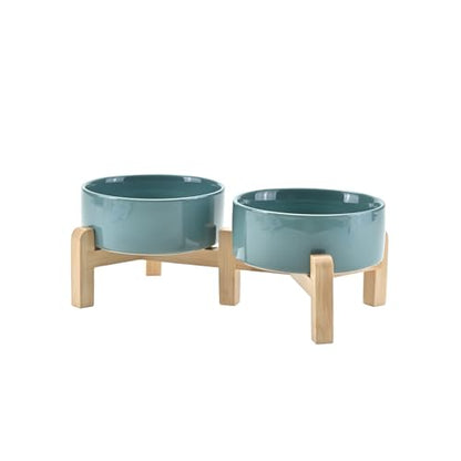 SPUNKYJUNKY Elevated Dog Bowls Ceramic, 5.1'' Dogs and Cat Food Water Bowls Raised with Non-Slip Bamboo Stand for Puppy Small Sized Breed Microwave Dishwasher Safe - 13.5 OZ,Dark Green - color: Dark Green, size: 5.1 in - 1.7 cups