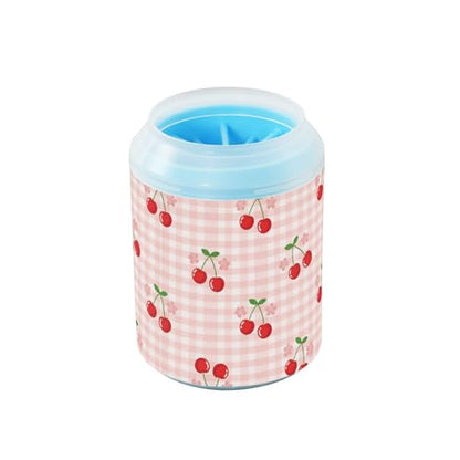 Spring Cherries Flowers Pink Print Dog Paw Cleaner Cup with Soft Silicone Brush, Small Lightweight Portable Muddy Paw Washer for Dogs, Easy to Use Pet Foot Cleaner
