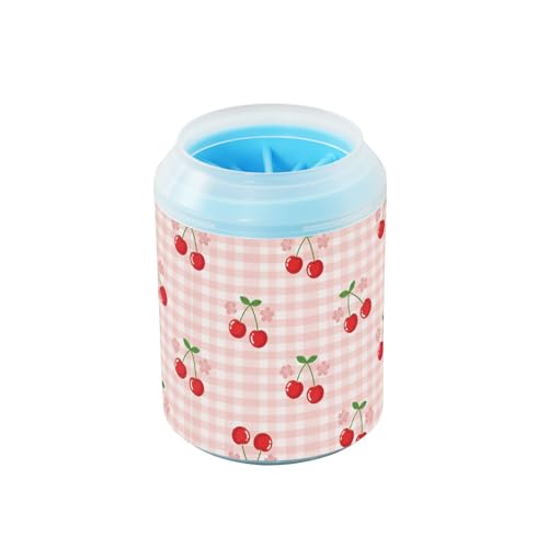 Spring Cherries Flowers Pink Print Dog Paw Cleaner Cup with Soft Silicone Brush, Small Lightweight Portable Muddy Paw Washer for Dogs, Easy to Use Pet Foot Cleaner