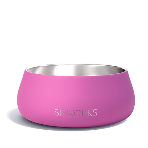 Sipworks Stainless Steel Dog Bowl – 32oz Weighted Metal Food and Water Bowls for Dogs and Cats with Non-Slip Base - Pet Bowls for All Breeds Sizes for Travel & Outdoor Play | Hot Pink - color: Hot Pink