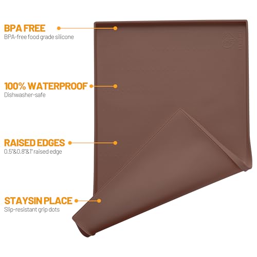 Hubulk Dog Feeding Mat,100% Waterproof Food Grade Silicone Pet Food and Water Bowl Placemat,Dishwasher, High Raised Edge to Prevent Spills,Nonslip Tray to Stop Messes on Floor（19"x12"x0.5", Brown） - color: Brown, size: 19"l X 12"w