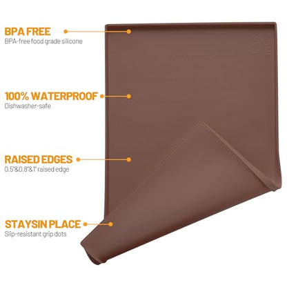 Hubulk Dog Feeding Mat,100% Waterproof Food Grade Silicone Pet Food and Water Bowl Placemat,Dishwasher, High Raised Edge to Prevent Spills,Nonslip Tray to Stop Messes on Floor（19"x12"x0.5", Brown） - color: Brown, size: 19"l X 12"w