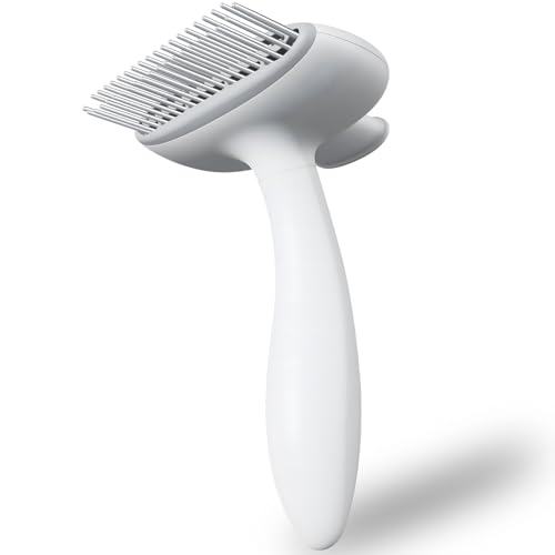 Self Cleaning Dog Deshedding Brush for Long Haired Dogs, 360° Rotating Comb Needles, Wider, Ergonomic Handle (White)