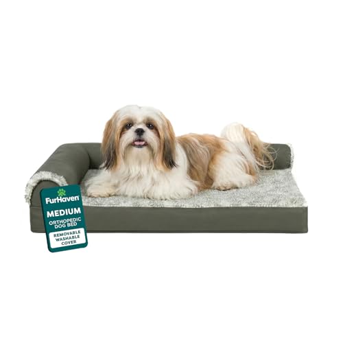 Furhaven Orthopedic Dog Bed for Medium/Small Dogs w/ Removable Bolsters & Washable Cover, For Dogs Up to 35 lbs - Two-Tone Plush Faux Fur & Suede L Shaped Chaise - Dark Sage, Medium - color: Dark Sage, size: Medium
