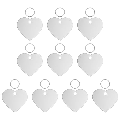 Pet ID Tags, Personalized Dog Cat Tag Stainless Steel Aluminum Heart Shape Engraved Blank with Key Ring 38x33mm, (Silver, 10 Pcs), Intended for Dog/Cat/Name/Pendant Crafts - color: Silver