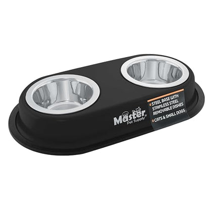 Master Pet Supply Double Dog Bowls Set with Elevated Base and 2 (8 oz) Stainless Steel Removable Dishes (Black Velvet) – Double Cat Food Water Bowl, Dog Puppy Food Bowl Set, Rust Resistant - color: Black Velvet