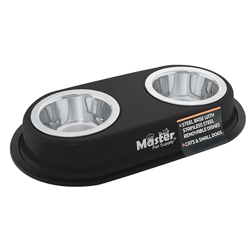 Master Pet Supply Double Dog Bowls Set with Elevated Base and 2 (8 oz) Stainless Steel Removable Dishes (Black Velvet) – Double Cat Food Water Bowl, Dog Puppy Food Bowl Set, Rust Resistant - color: Black Velvet