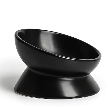YauYik Ceramic Raised Cat Bowl - Cat Food Bowl Elevated Tilted for Short Leg Cats and Small Dogs - 6 Inches Whisker Friendly Pet Bowl Dish, Reduce Neck Burden Feeding Bowl, Black, 10 Oz