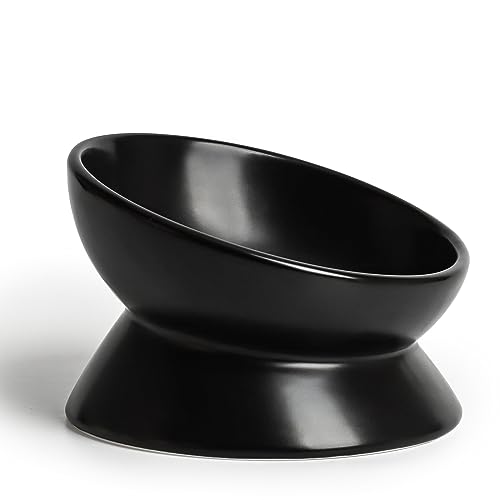 YauYik Ceramic Raised Cat Bowl - Cat Food Bowl Elevated Tilted for Short Leg Cats and Small Dogs - 6 Inches Whisker Friendly Pet Bowl Dish, Reduce Neck Burden Feeding Bowl, Black, 10 Oz
