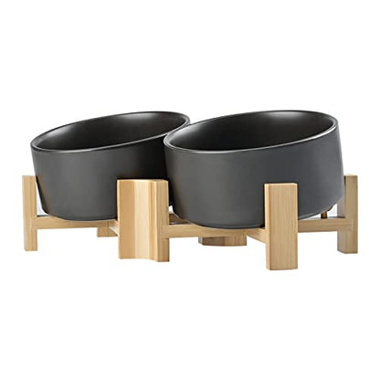 SPUNKYJUNKY 15° Slanted Ceramic Dog and Cat Bowl with Wooden Stand, Tilted Bulldog Food and Water Bowl No Slip Non-Spill for Cats Medium Dogs Big Face Pets 28.7 OZ (3.6 Cups, Black × 2) - color: Black, size: 3.6 CUPS × 2
