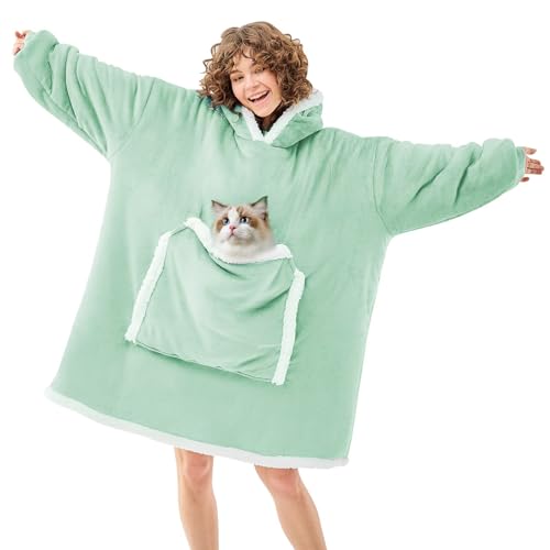 JOYWOO Green Wearable Blanket Hoodie,Oversized Cat Lovers Sweatshirt Blanket for Adult, Birthday Gifts for Women,Mom,Men,Cozy Sherpa Hooded Blanket with Giant Pocket Winter Gifts,Sage green Standard - color: Light Green, size: Adult