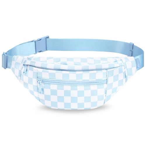 MAXTOP Large Crossbody Fanny Pack with 4-Zipper Pockets,Gifts for Enjoy Sports Festival Workout Traveling Running Casual Hands-Free Wallets Waist Pack Phone Bag Carrying All Phones - color: Checkered-Light Blue, style: Large Fanny Pack(4 Zipper Pockets)