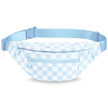 MAXTOP Large Crossbody Fanny Pack with 4-Zipper Pockets,Gifts for Enjoy Sports Festival Workout Traveling Running Casual Hands-Free Wallets Waist Pack Phone Bag Carrying All Phones - color: Checkered-Light Blue, style: Large Fanny Pack(4 Zipper Pockets)