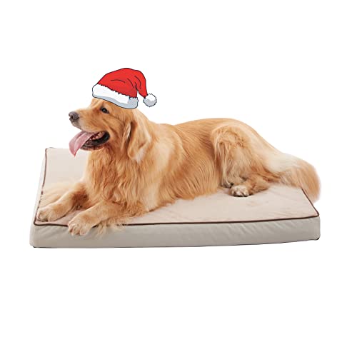 Orthopedic Memory Foam Dog Bed, Cooling Dog Beds for Medium/Large Dogs -Waterproof Pet Bed for Crate with Removable Washable Cover, L(35inch,65Lbs) - color: Khaki Short Plush, size: Large-35"x 22" x 3"