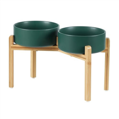 Havniva 8.3” Dog Bowls Elevated Ceramic Dog Food and Water Bowl Set, Double Raised Dog Water Bowl with Stand Non-Slip Rubber Base Large Capacity Feeding Pet Food Bowl for Large Dogs - color: Matte Dark Green - 2 Bowls+Stand, size: 8.3 Inch