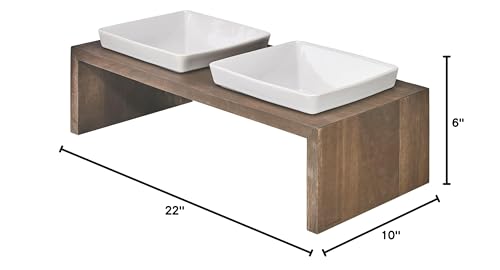 Bowsers Artisan Diner Double Dog Feeder - Handcrafted Rubberwood Frame with Square Ceramic Bowls Feeder for Dogs - Walnut, Medium, 22" x 10" x 6" - color: Walnut, size: Medium