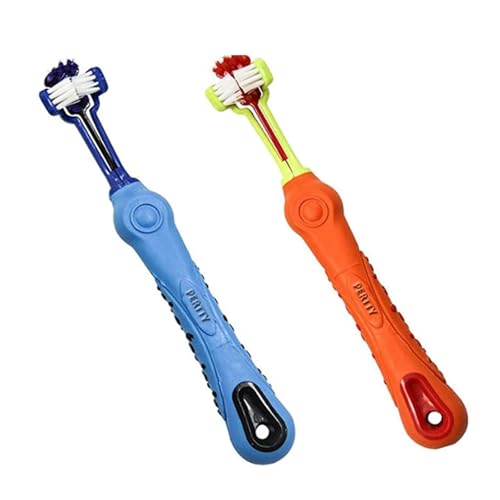 Orgrimmar 2 Pcs 3-Sided Pet Toothbrush Dog Cat Mouth Dental Teeth Care | Pet Brush for Bad Breath Tartar Cleaning - color: Blue&orange
