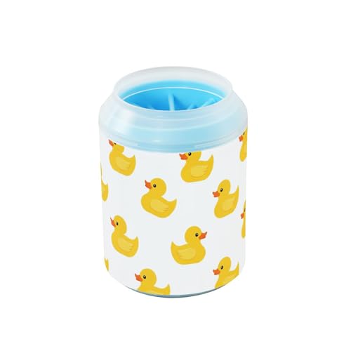 Duck White Print Dog Paw Cleaner Cup with Soft Silicone Brush, Small Lightweight Portable Muddy Paw Washer for Dogs, Easy to Use Pet Foot Cleaner