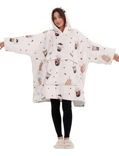 KFUBUO Wearable Blanket Hoodie for Adults Sherpa All Patterns Oversized Sweatshirt Blanket with Pocket - color: Milk Tea, size: Adult