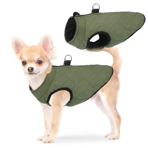SCENEREAL Winter Dog Vest Coat with Harness Built In, Warm Puppy Jacket for Small Medium Dogs, Cold Weather Coat with Zipper, Fleece Puffer Vest Windproof Snow Clothes - color: #1 Olive-Matte, size: XS(Chest 11.5")-Regular