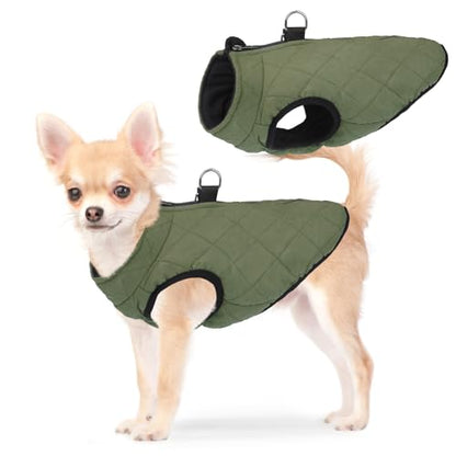 SCENEREAL Winter Dog Vest Coat with Harness Built In, Warm Puppy Jacket for Small Medium Dogs, Cold Weather Coat with Zipper, Fleece Puffer Vest Windproof Snow Clothes - color: #1 Olive-Matte, size: XS(Chest 11.5")-Regular