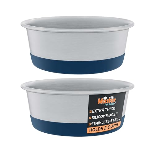Master Pet Supply Stainless Steel Dog Bowls Set of 2 with Extra Thick Silicone Base - 2 Cup (16 oz) Navy Blue, Non-Slip, Dishwasher Safe Metal Bowls, Pet Dog Food Bowl for Dogs, Cats, Anti Rust - color: Navy Blue, size: 2 Cups (16 oz) 2 Pack
