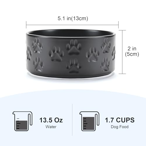 SPUNKYJUNKY Ceramic Dog and Cat Bowls 2 Pack, 5.1'' Dog and Cat Food Water Double Feeding Bowls Non-Slip for Cats and Puppy Small Sized Breed Dogs Microwave Dishwasher Safe - 13.5 OZ, 2pcs, Paw Black - color: Paw Black - Only Bowls*2, size: 5.1 in - 1.7 c