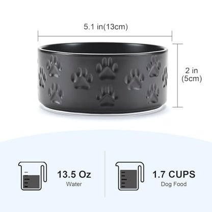 SPUNKYJUNKY Ceramic Dog and Cat Bowls 2 Pack, 5.1'' Dog and Cat Food Water Double Feeding Bowls Non-Slip for Cats and Puppy Small Sized Breed Dogs Microwave Dishwasher Safe - 13.5 OZ, 2pcs, Paw Black - color: Paw Black - Only Bowls*2, size: 5.1 in - 1.7 c