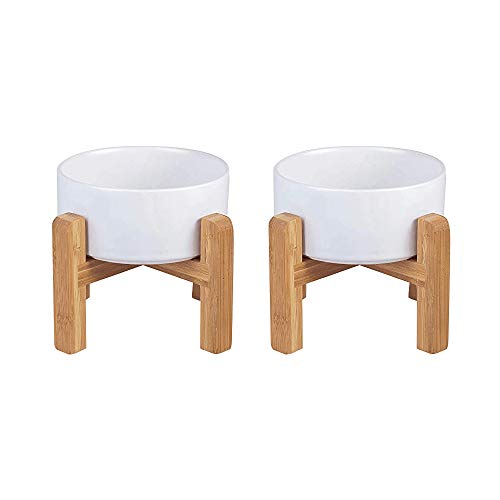 LIONWEI LIONWELI Ceramic Raised Dog Bowls, Medium - Set of 2 - Non Slip Wood Stand - Anti Vomiting - 850 ml - White - color: White, size: Medium-2